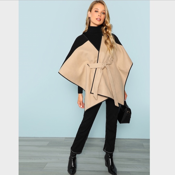 New! Belted Kimono Cape Coat Black & Nude - Picture 4 of 8